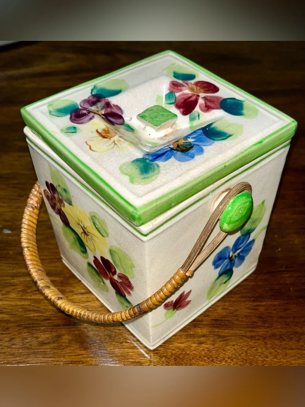 Vintage Mid-Century Hand-Painted Biscuit Jar with Rattan Handle - Made in Japan